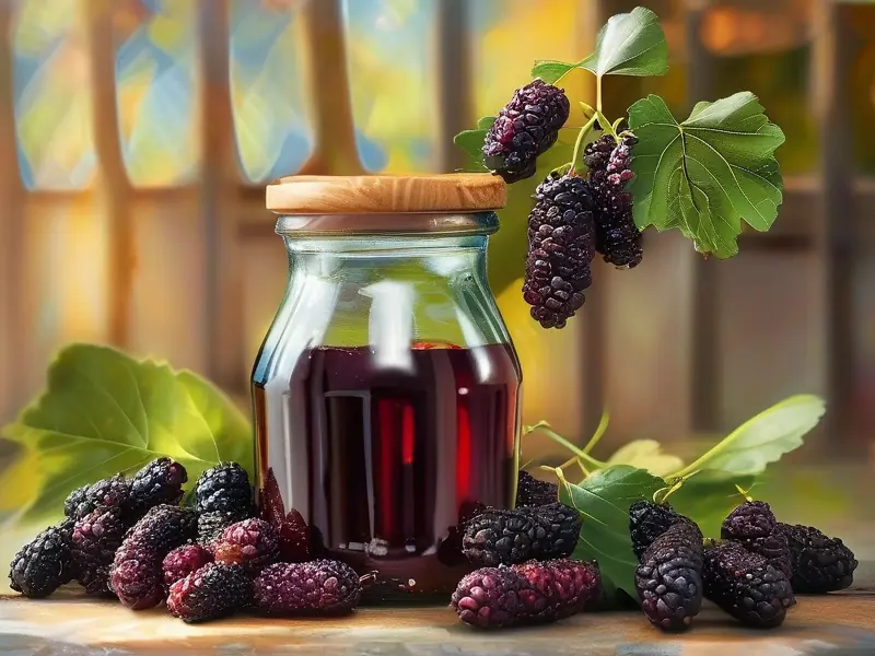 新鲜桑葚与自制桑葚酒对比图