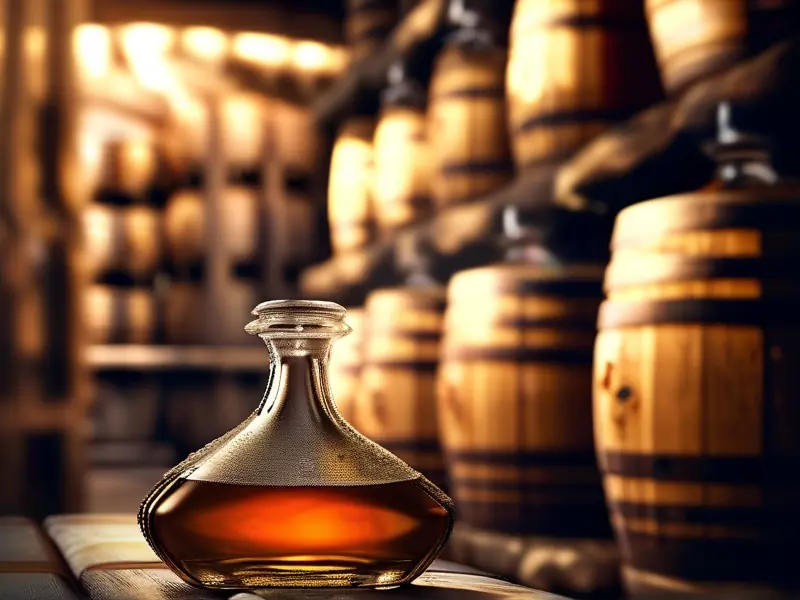 传统酒窖中陶罐窖藏老酒的特写画面