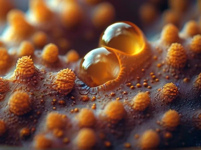 显微镜下的酵母菌细胞，玻璃罐中正在发酵的家酿酒