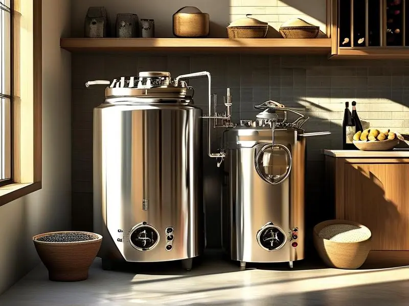 家庭厨房中的不锈钢酿酒设备与酿酒原料