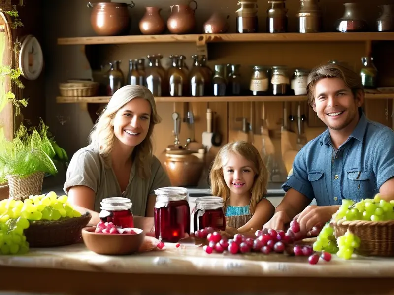 家庭自制葡萄酒的过程展示，包括葡萄压碎和密封发酵