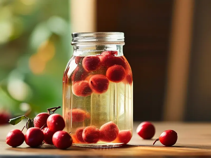 金樱子与白酒在玻璃罐中浸泡的特写