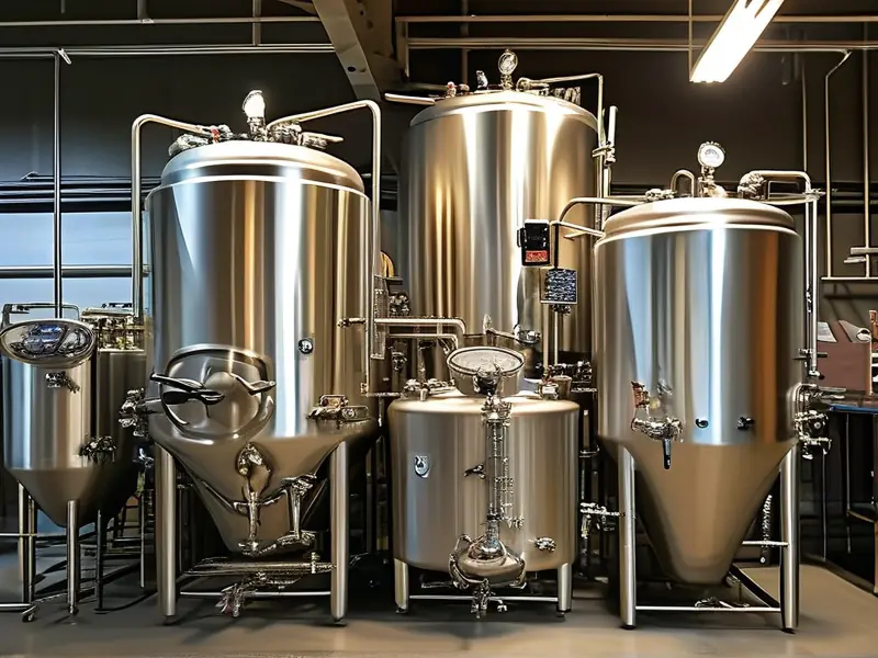 精酿啤酒设备在酿酒车间中的实景照片