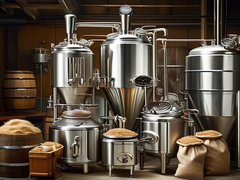 精酿啤酒酿造成套设备在酿酒车间的工作场景