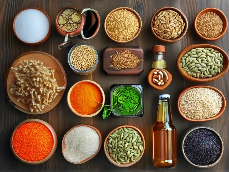 精酿啤酒配料展示：麦芽、啤酒花和酵母