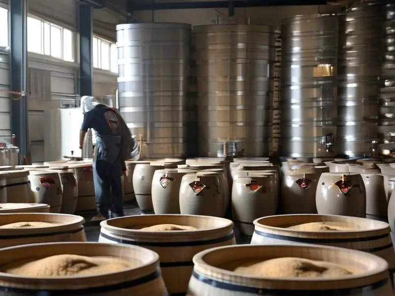 景芝酒酿造车间内工人检查发酵过程