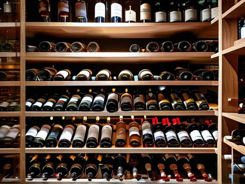 专业酒窖中不同酒类的储藏展示