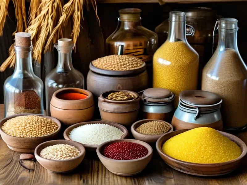 酒的酿造原料展示：高粱、大米、小麦等谷物