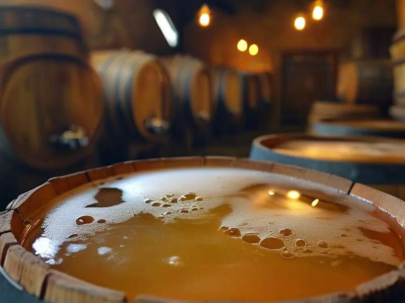 酒的转化过程:发酵中的木桶酒液