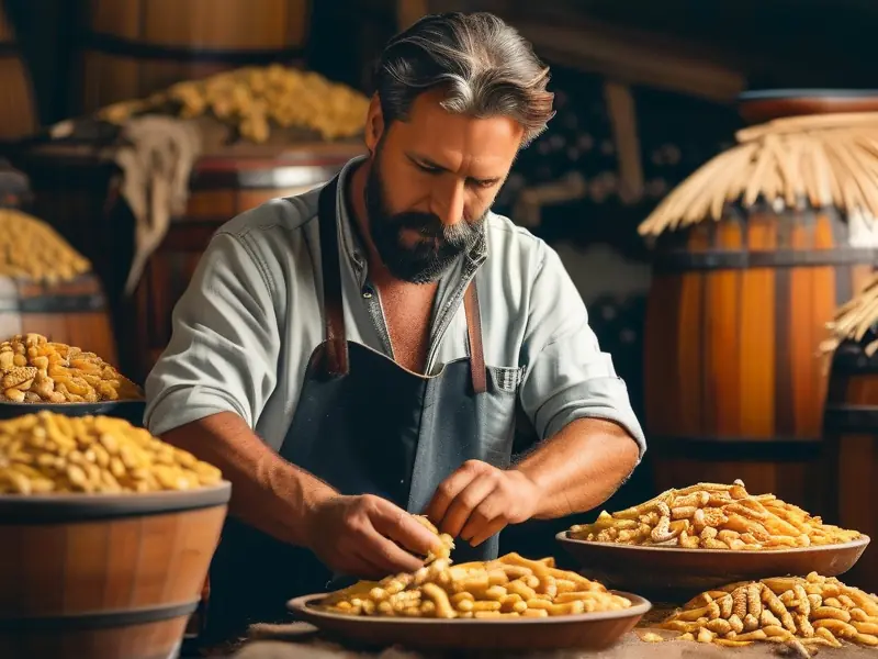 酿酒师挑选黄精原料的传统酿酒场景