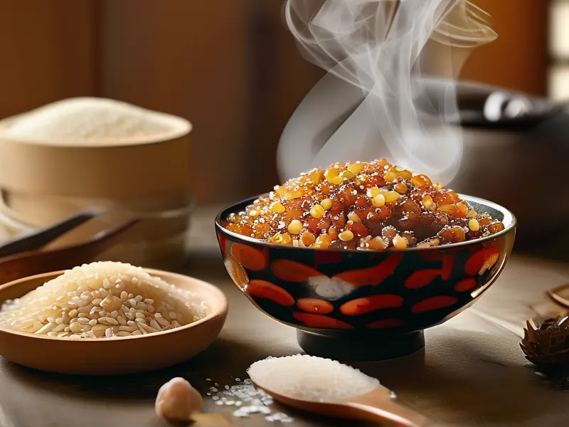 四川传统酒米饭成品与原料展示图