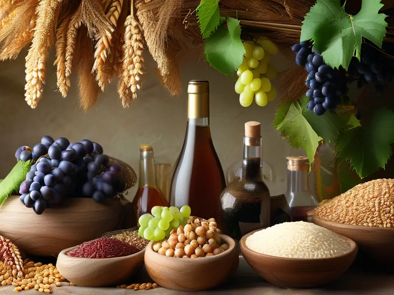 酿酒常用原料展示：高粱、大米、小麦、葡萄等