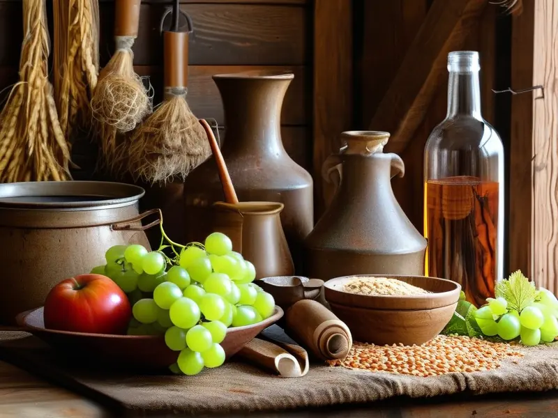 酿酒原料展示：谷物、水果与酵母等核心材料