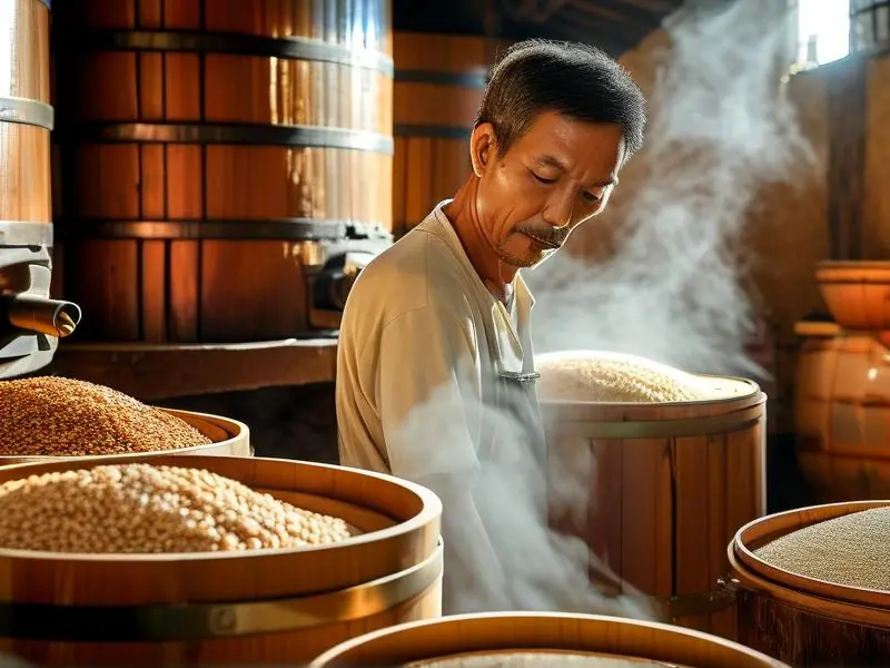 传统酿酒工艺现场实拍:师傅操作蒸酒设备