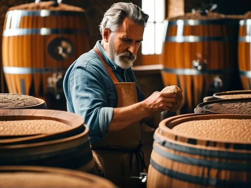 酿酒师检查酒醅的酿酒过程