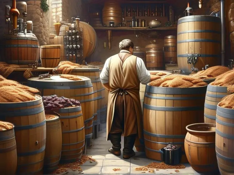 酿酒师检查发酵桶中的酒醅