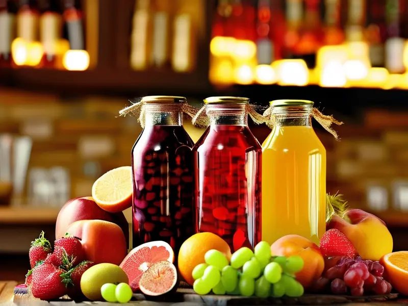 酒吧果酒制作过程：新鲜水果在玻璃罐中发酵的特写