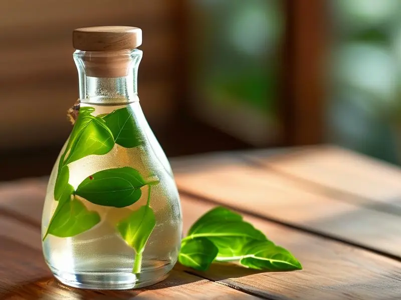 九层塔叶与白酒在玻璃瓶中浸泡的特写