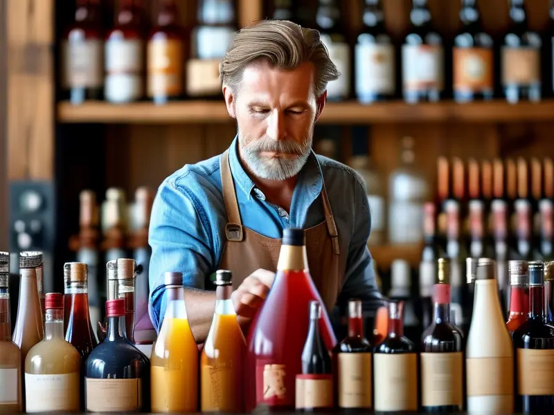 酿酒师调配酒红色液体的过程