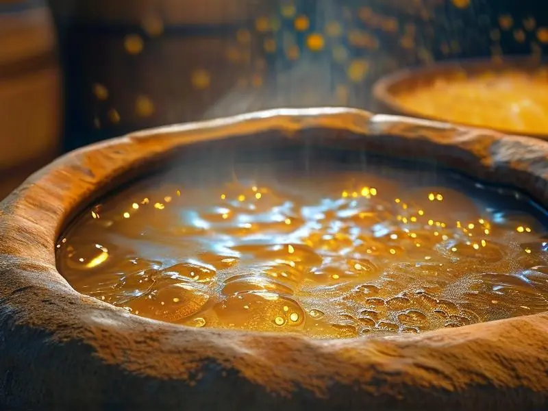 传统陶罐中发酵的谷物特写，表面形成气泡，展示酒精转化的活跃过程