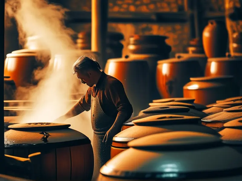传统酒精制作过程中的发酵与蒸馏场景实拍