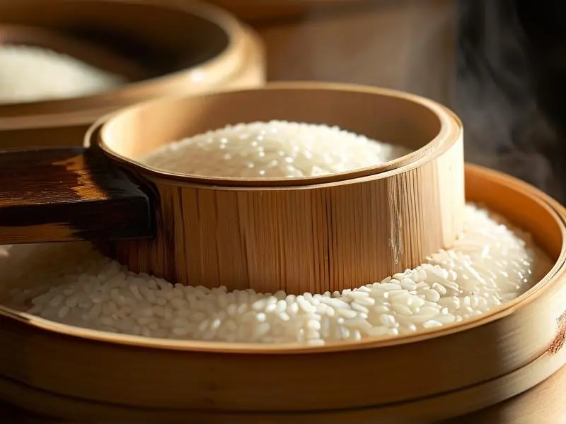 传统酒米制作过程中蒸煮糯米的实际操作场景