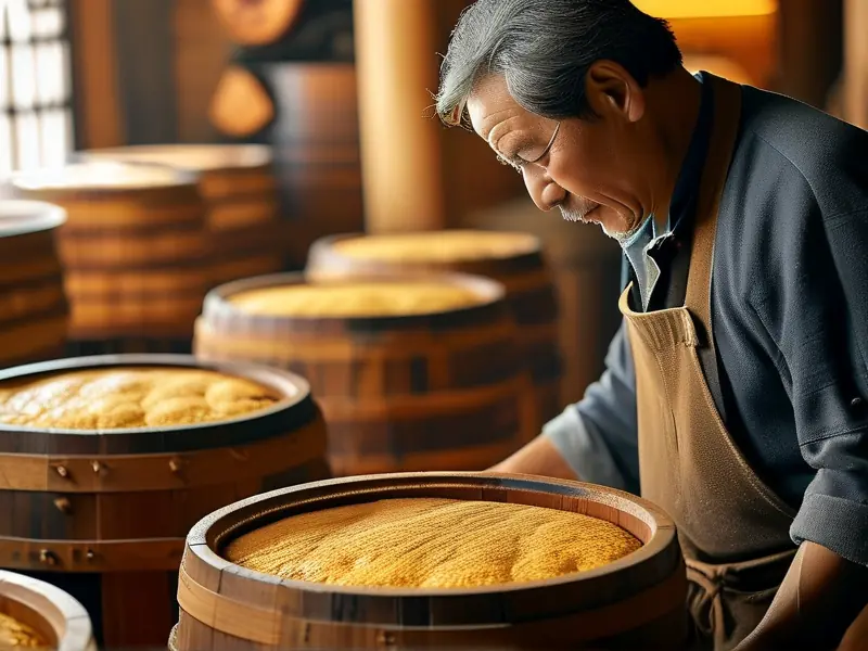 传统酿酒师傅检查酒醅发酵情况