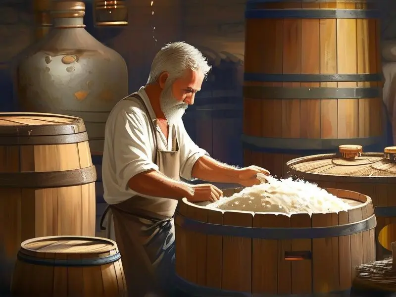 酿酒师用酒曲发酵白酒的过程