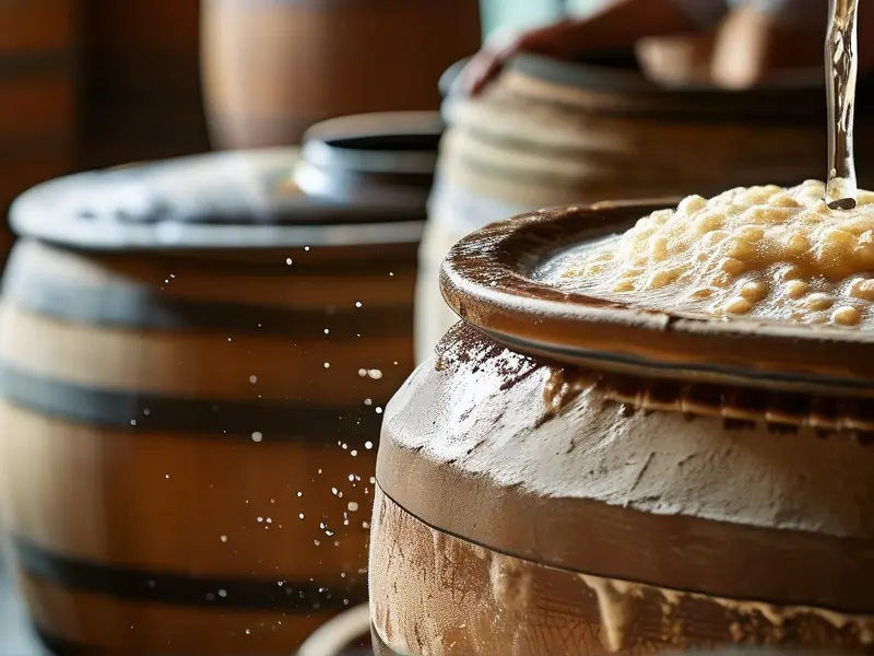 酿酒师检查酒曲发酵过程实拍图