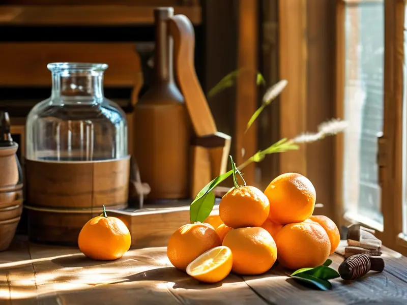 新鲜橘子和酿酒工具准备制作橘子酒