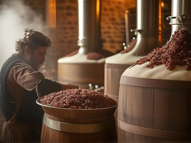 酿酒师检查发酵酒醅的传统烤酒场景