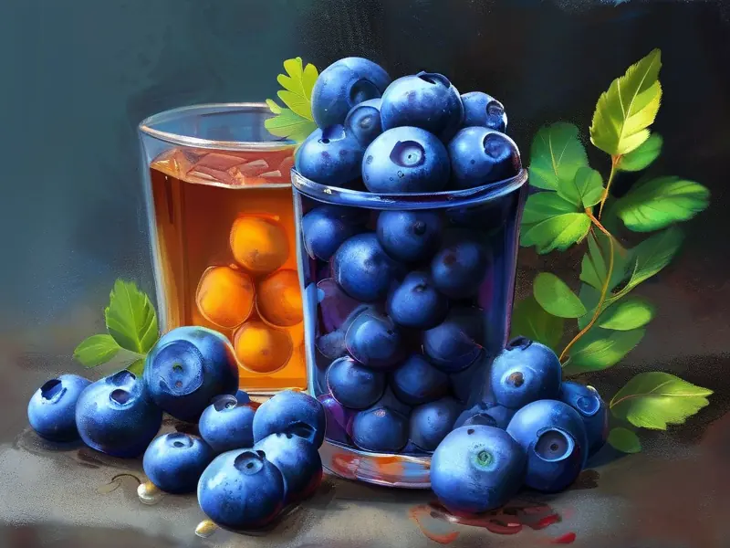 蓝莓酒酿造过程展示:新鲜蓝莓与发酵中的酒液