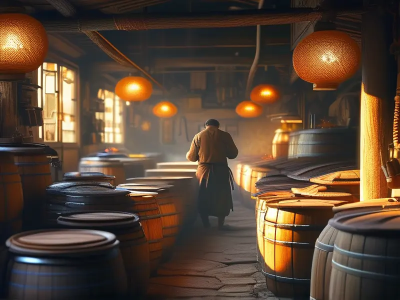 传统酿酒师傅酿造老方子酒的场景