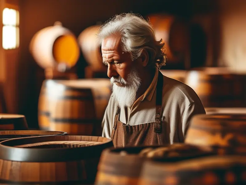老酿酒师检查酒醅的传统酿造场景