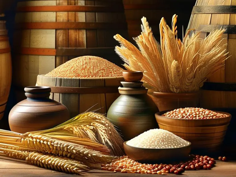 粮食酒原料展示：高粱、大米、小麦、玉米等谷物及传统酿酒工具