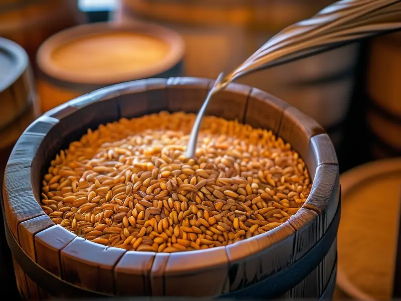 粮食在木桶中发酵的特写，展示酿酒过程中的化学变化