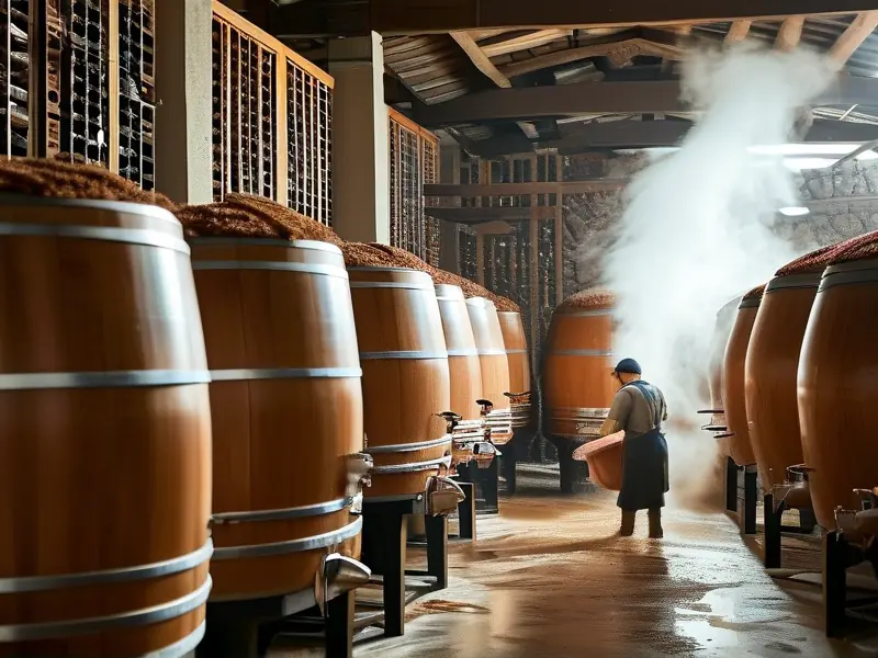 传统与现代结合的粮食酿酒酒坊生产场景