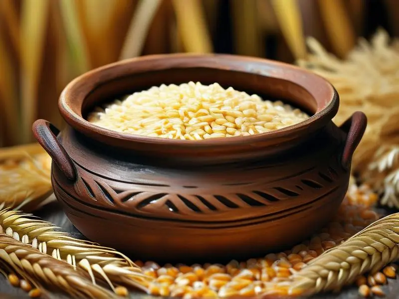 粮食在传统陶罐中发酵的特写，显示活跃的发酵过程