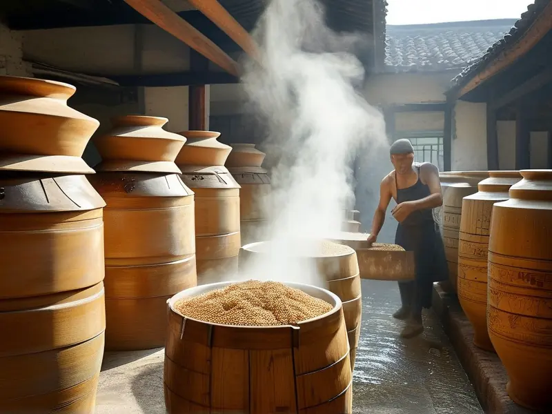 传统粮食酿酒蒸粮工序实拍图