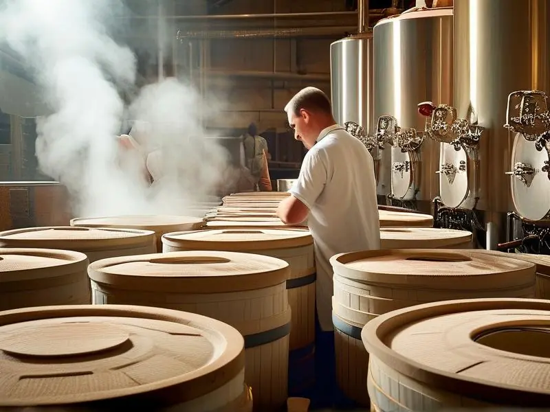 粮食酿酒作坊内工人检查发酵桶和蒸馏设备