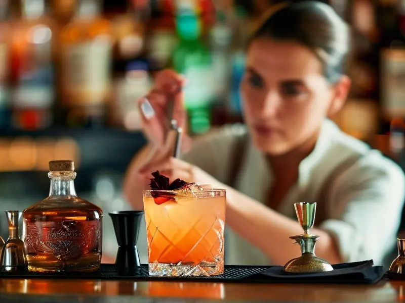 调酒师用利口酒调制鸡尾酒