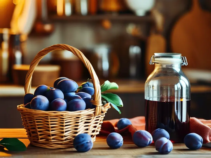 新鲜李子和酿酒工具准备制作李子烤酒