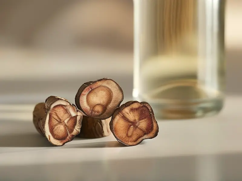 鹿茸片与白酒在玻璃瓶中浸泡的特写