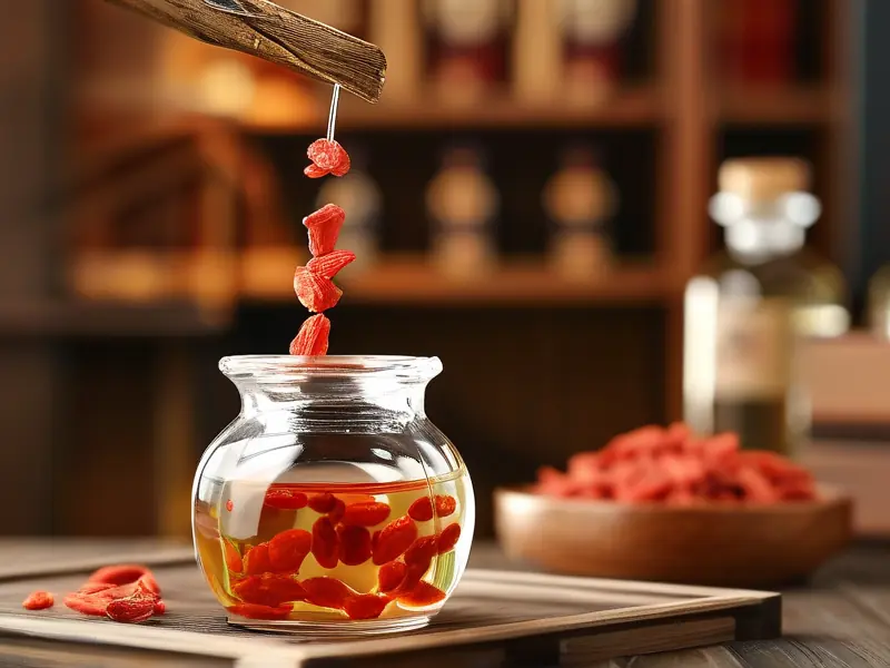 鹿茸与枸杞在透明酒液中浸泡的特写画面