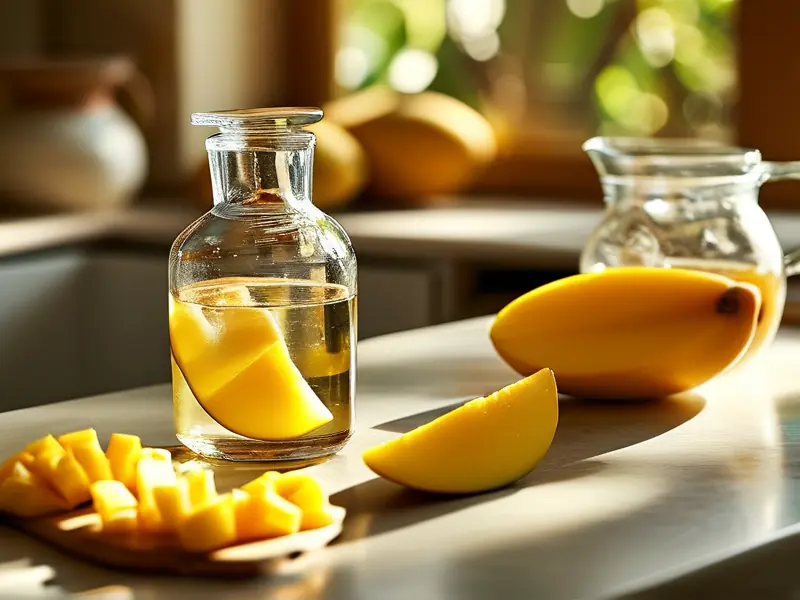 芒果泡酒制作过程：新鲜芒果切片与白酒在玻璃罐中浸泡