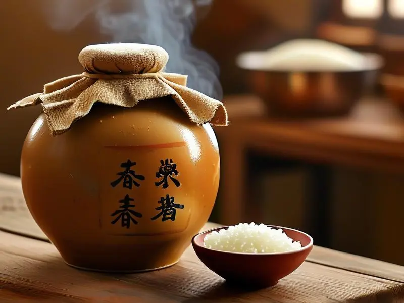 传统米酒发酵过程展示：陶瓷罐中拌曲的米饭用布覆盖，置于温暖环境中