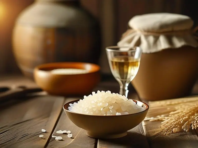 自制米酒成品展示及酿造原料