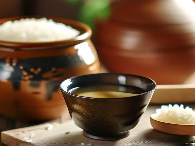 酒水丰富的自制米酒特写与酿造原料展示