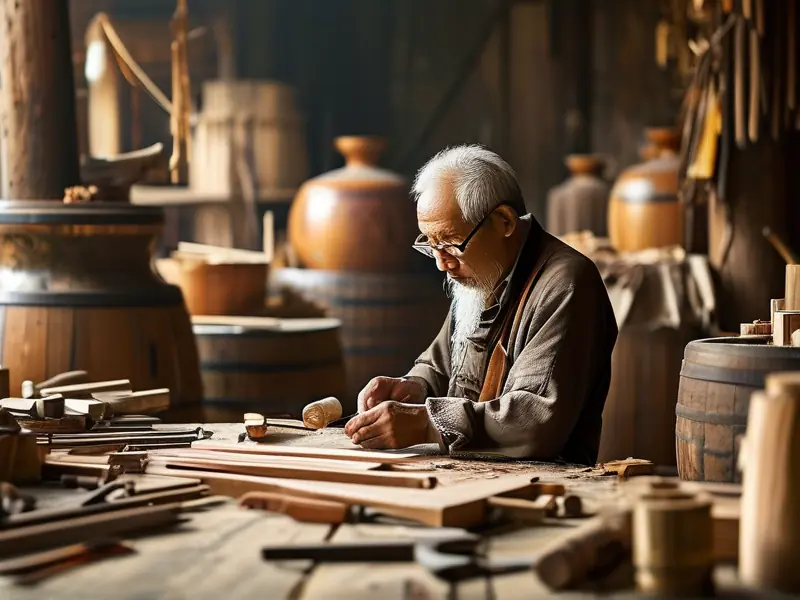 老匠人制作木酒海的场景