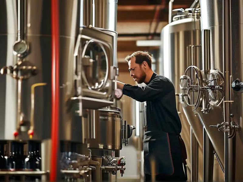 专业酿酒师检查不锈钢酿酒设备